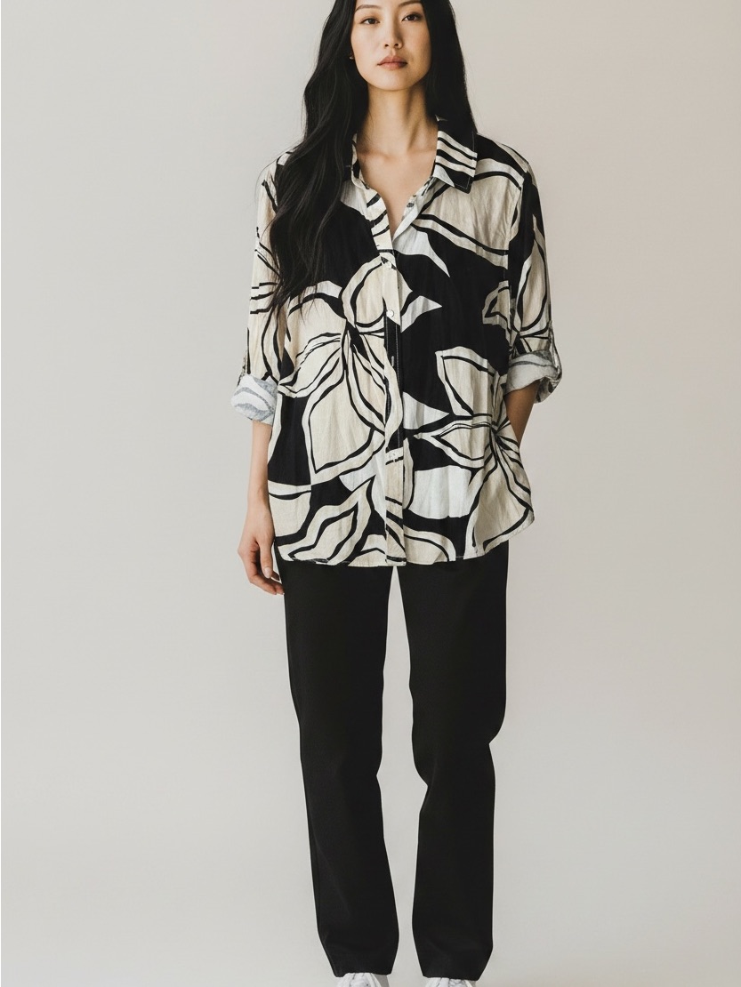 Rachel Zoe Black And White Floral Linen Blend Button-Down Shirt Size 1x